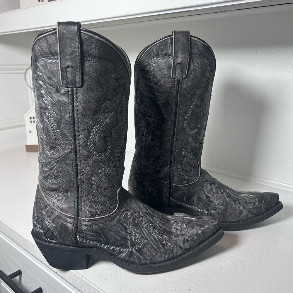 Laredo Black Western Boots Mens 7.5D Womens 9 Leather Cowboy Inlay Classic - Picture 2 of 8